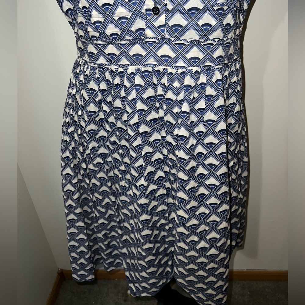 Tory Burch Blue White Geometric Print Sleeveless Pleated Dress Size 10 - Picture 4 of 13